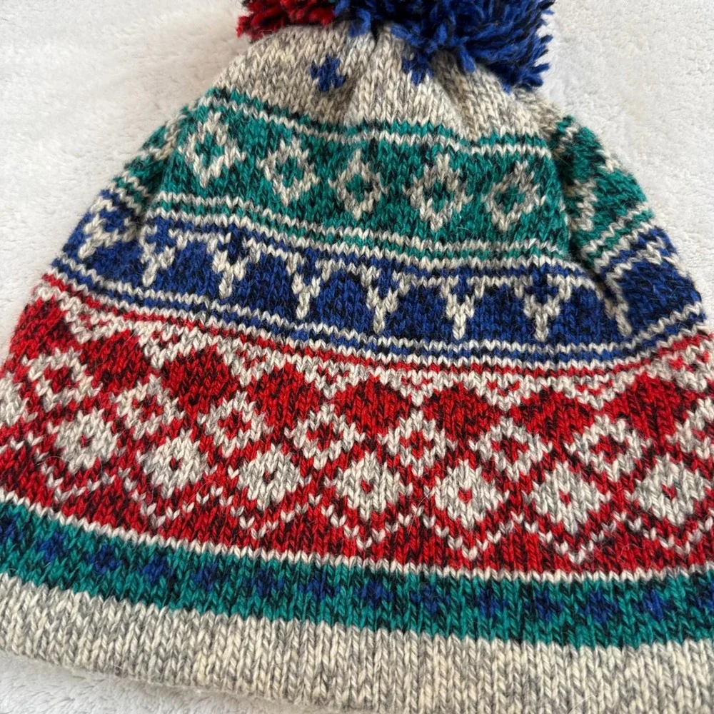 Vintage Eddie Bauer Fair Isle Wool Beanie Pom Pom Hat Red‎ Blue Grey Pure Wool